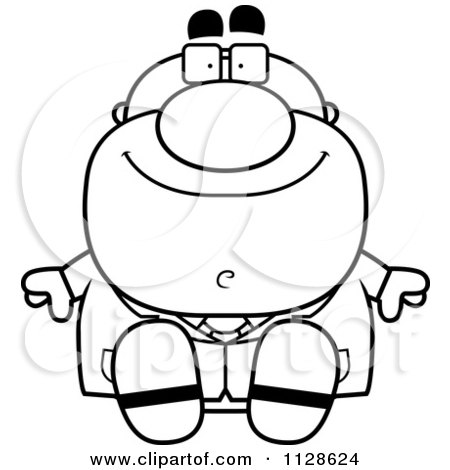 Cartoon Clipart Of An Outlined Sitting Pudgy Male Scientist - Black And White Vector Coloring Page by Cory Thoman