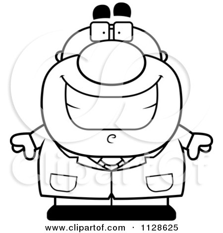 Cartoon Clipart Of An Outlined Happy Pudgy Male Scientist - Black And White Vector Coloring Page by Cory Thoman