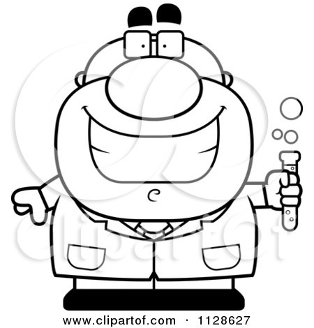Cartoon Clipart Of An Outlined Pudgy Male Scientist Holding A Test Tube - Black And White Vector Coloring Page by Cory Thoman