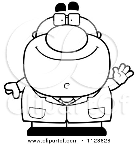 Cartoon Clipart Of An Outlined Waving Pudgy Male Scientist - Black And White Vector Coloring Page by Cory Thoman