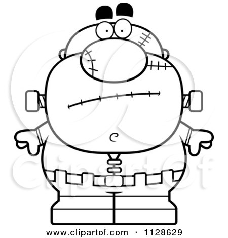 Cartoon Clipart Of An Outlined Nervous Pudgy Frankenstein - Black And White Vector Coloring Page by Cory Thoman