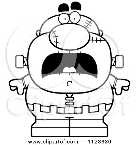 Cartoon Clipart Of An Outlined Scared Pudgy Frankenstein - Black And White Vector Coloring Page by Cory Thoman