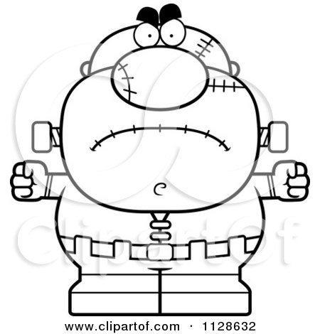 Cartoon Clipart Of An Outlined Angry Pudgy Frankenstein - Black And White Vector Coloring Page by Cory Thoman