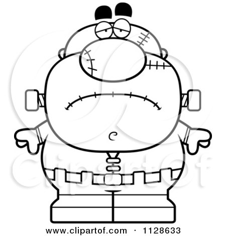 Cartoon Clipart Of An Outlined Depressed Pudgy Frankenstein - Black And White Vector Coloring Page by Cory Thoman