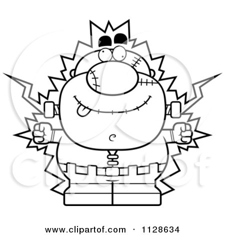 Cartoon Clipart Of An Outlined Pudgy Frankenstein Getting Shocked - Black And White Vector Coloring Page by Cory Thoman