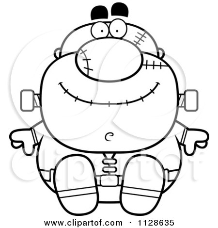 Cartoon Clipart Of An Outlined Sitting Pudgy Frankenstein - Black And White Vector Coloring Page by Cory Thoman