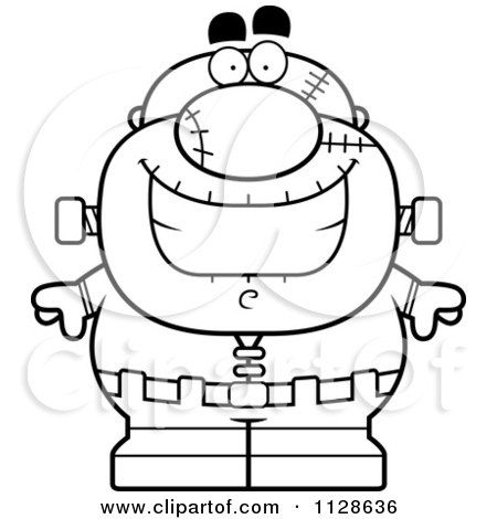 Cartoon Clipart Of An Outlined Happy Pudgy Frankenstein - Black And White Vector Coloring Page by Cory Thoman