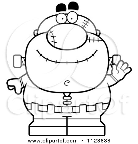 Cartoon Clipart Of An Outlined Waving Pudgy Frankenstein - Black And White Vector Coloring Page by Cory Thoman