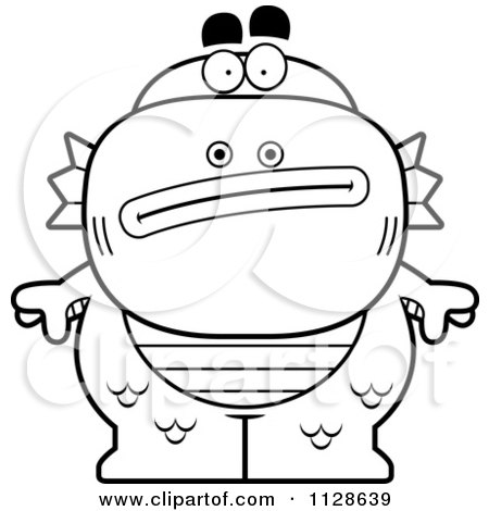 Cartoon Clipart Of An Outlined Nervous Fish Man Monster - Black And White Vector Coloring Page by Cory Thoman