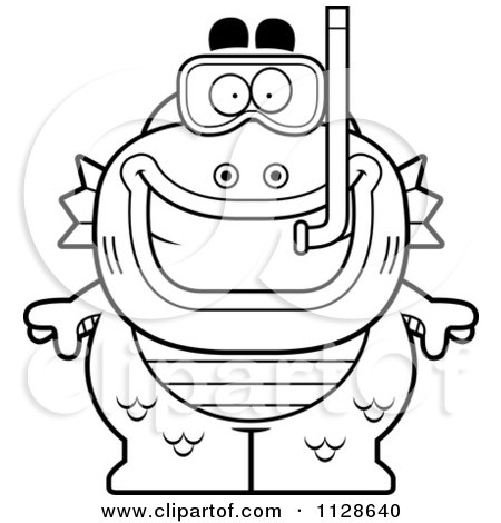Cartoon Clipart Of An Outlined Fish Man Monster With Snorkel Gear - Black And White Vector Coloring Page by Cory Thoman