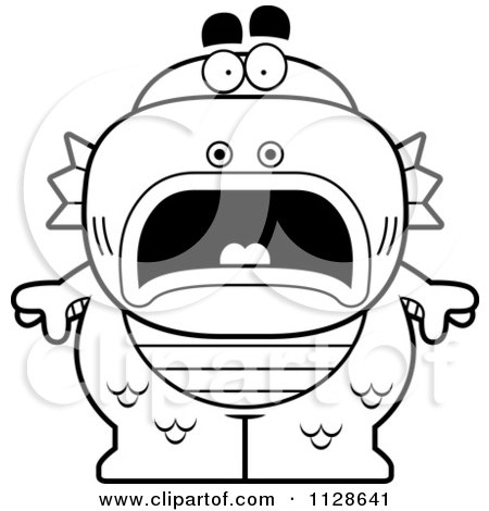 Cartoon Clipart Of An Outlined Scared Fish Man Monster - Black And White Vector Coloring Page by Cory Thoman