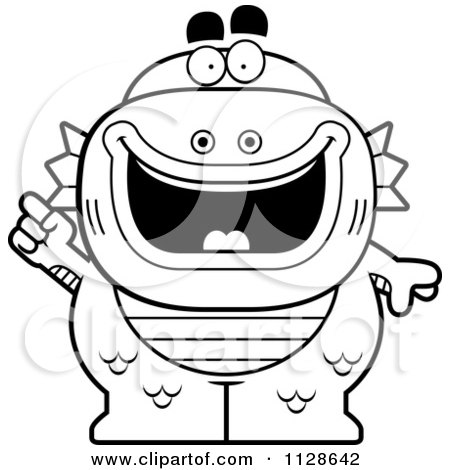 Cartoon Clipart Of An Outlined Fish Man Monster With An Idea - Black And White Vector Coloring Page by Cory Thoman