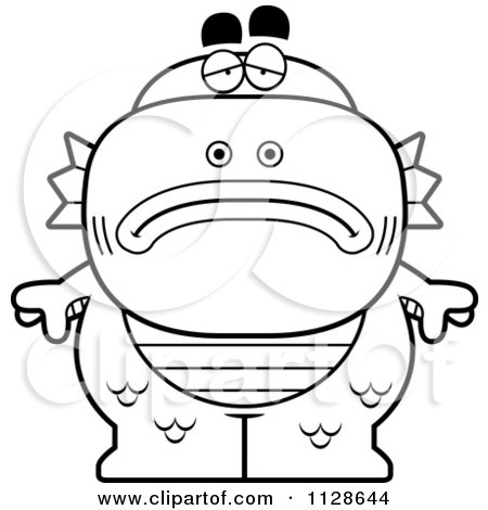 Cartoon Clipart Of An Outlined Depressed Fish Man Monster - Black And White Vector Coloring Page by Cory Thoman