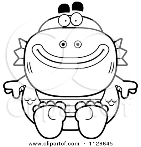 Cartoon Clipart Of An Outlined Sitting Fish Man Monster - Black And White Vector Coloring Page by Cory Thoman