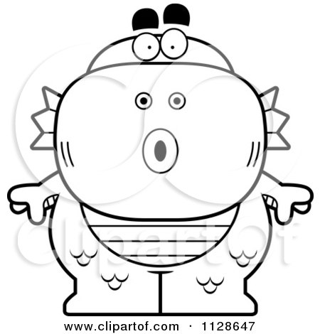 Cartoon Clipart Of An Outlined Surprised Fish Man Monster - Black And White Vector Coloring Page by Cory Thoman