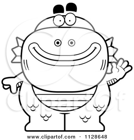 Cartoon Clipart Of An Outlined Waving Fish Man Monster - Black And White Vector Coloring Page by Cory Thoman
