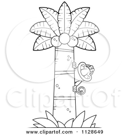 Cartoon Clipart Of An Outlined Proboscis Monkey In A Coconut Palm Tree - Black And White Vector Coloring Page by Cory Thoman