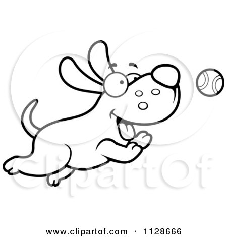 Cartoon Clipart Of An Outlined Happy Dog Chasing A Tennis Ball - Black And White Vector Coloring Page by Cory Thoman