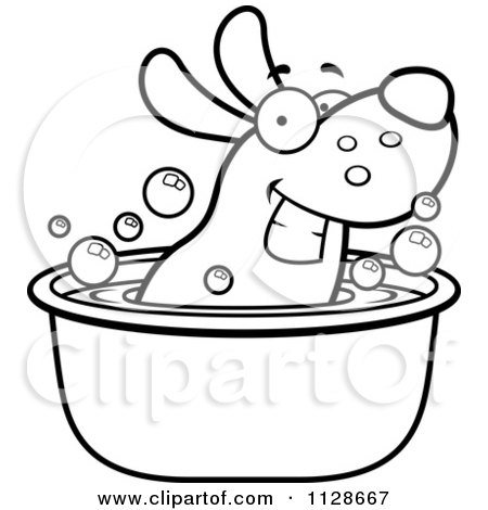 Cartoon Clipart Of An Outlined Happy Dog Soaking In A Tub - Black And White Vector Coloring Page by Cory Thoman
