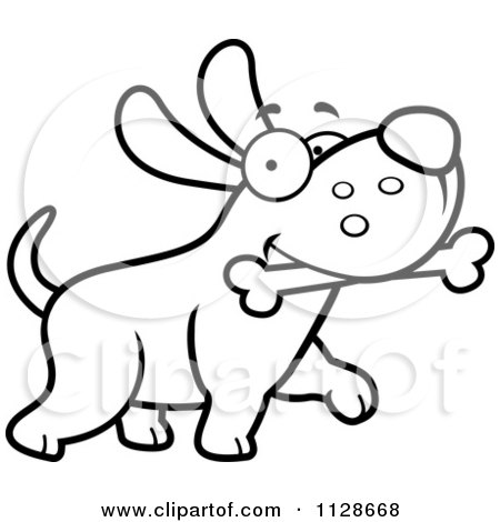 Cartoon Clipart Of An Outlined Happy Dog Strutting With A Bone - Black And White Vector Coloring Page by Cory Thoman