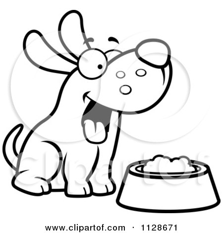 Cartoon Clipart Of An Outlined Happy Dog With A Bowl Of Food - Black And White Vector Coloring Page by Cory Thoman