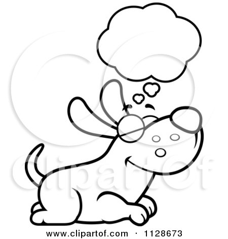 Cartoon Clipart Of An Outlined Happy Dog Dreaming - Black And White Vector Coloring Page by Cory Thoman