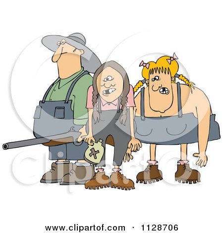 Cartoon Of A Redneck Hillbilly Man With A Shotgun And Women - Royalty Free Vector Clipart by djart
