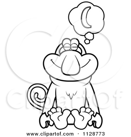 Cartoon Clipart Of An Outlined Proboscis Monkey Daydreaming of Bananas - Black And White Vector Coloring Page by Cory Thoman