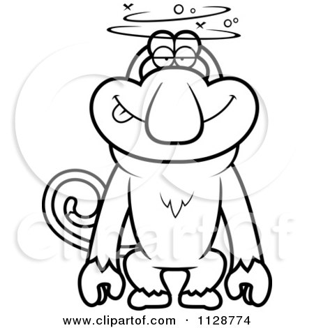 Cartoon Clipart Of An Outlined Dumb Or Drunk Proboscis Monkey - Black And White Vector Coloring Page by Cory Thoman