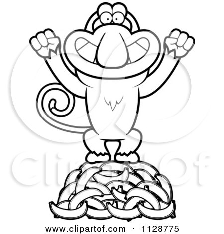 Cartoon Clipart Of An Outlined Proboscis Monkey Standing On Bananas - Black And White Vector Coloring Page by Cory Thoman