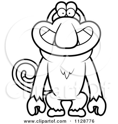 Cartoon Clipart Of An Outlined Grinning Proboscis Monkey - Black And White Vector Coloring Page by Cory Thoman