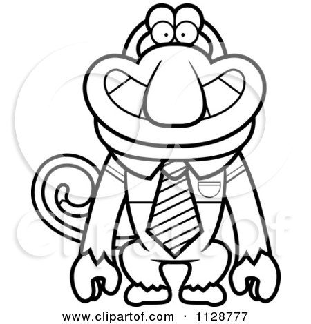 Cartoon Clipart Of An Outlined Proboscis Monkey Wearing A Tie - Black And White Vector Coloring Page by Cory Thoman
