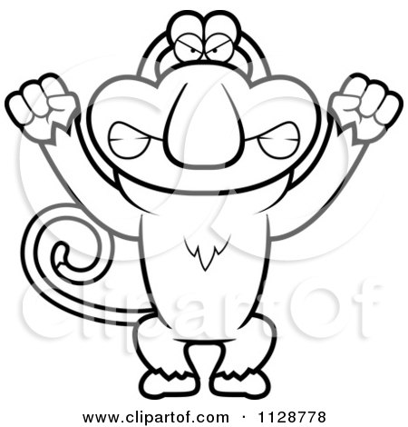 Cartoon Clipart Of An Outlined Angry Proboscis Monkey - Black And White Vector Coloring Page by Cory Thoman