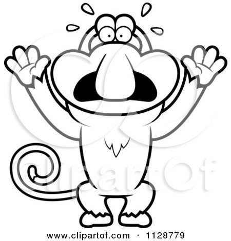 Cartoon Clipart Of An Outlined Scared Proboscis Monkey - Black And White Vector Coloring Page by Cory Thoman