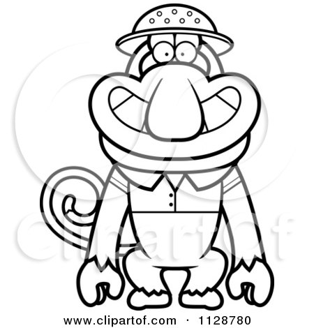 Cartoon Clipart Of An Outlined Proboscis Monkey Explorer - Black And White Vector Coloring Page by Cory Thoman