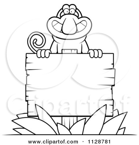 Cartoon Clipart Of An Outlined Proboscis Monkey Behind A Wooden Sign - Black And White Vector Coloring Page by Cory Thoman