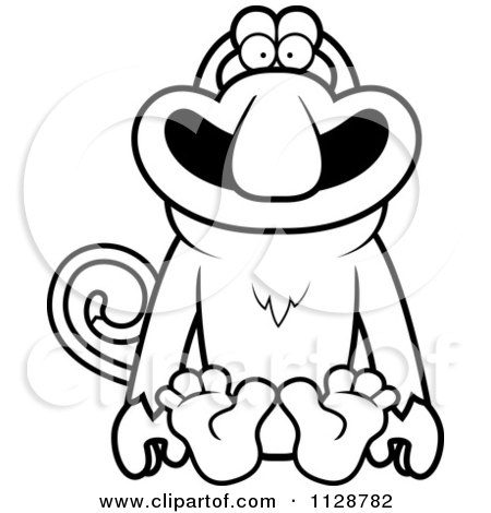Cartoon Clipart Of An Outlined Proboscis Monkey Sitting - Black And White Vector Coloring Page by Cory Thoman