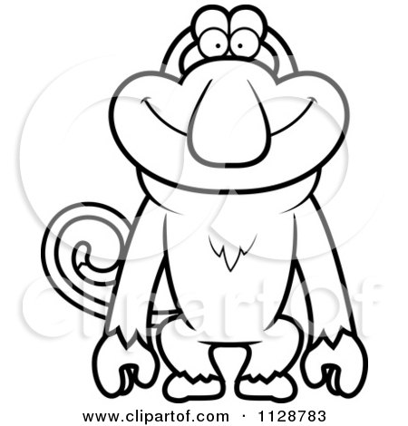 Cartoon Clipart Of An Outlined Happy Proboscis Monkey - Black And White Vector Coloring Page by Cory Thoman