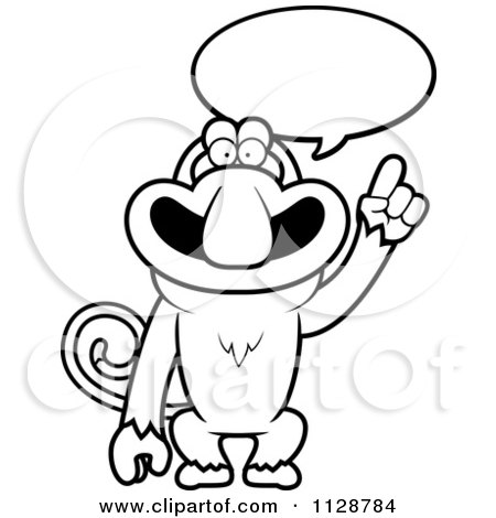 Cartoon Clipart Of An Outlined Proboscis Monkey Talking - Black And White Vector Coloring Page by Cory Thoman