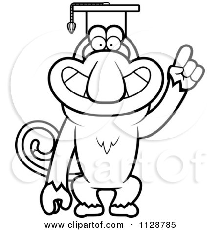 Cartoon Clipart Of An Outlined Proboscis Monkey Professor Wearing A Cap - Black And White Vector Coloring Page by Cory Thoman