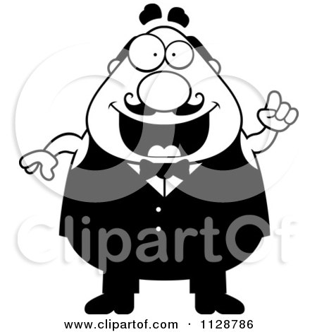 Cartoon Clipart Of A Black And White Happy Chubby Male Waiter With An Idea - Vector Clipart by Cory Thoman