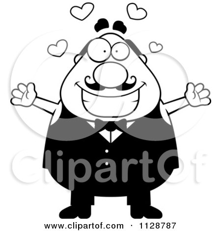Cartoon Clipart Of A Black And White Happy Chubby Male Waiter Wanting A Hug - Vector Clipart by Cory Thoman