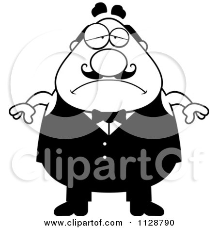 Cartoon Clipart Of A Black And White Depressed Chubby Male Waiter - Vector Clipart by Cory Thoman