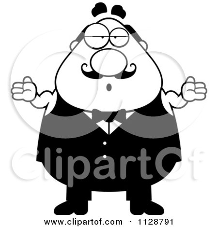 Cartoon Clipart Of A Black And White Careless Shrugging Chubby Male Waiter - Vector Clipart by Cory Thoman