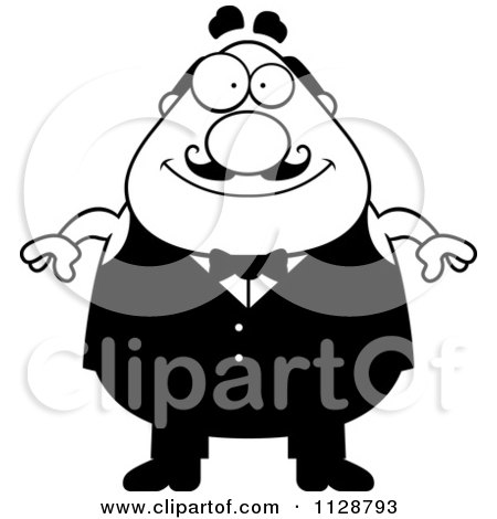 Cartoon Clipart Of A Black And White Happy Chubby Male Waiter - Vector Clipart by Cory Thoman
