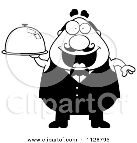 Cartoon Clipart Of A Black And White Happy Chubby Male Waiter Holding A Cloche Platter - Vector Clipart by Cory Thoman