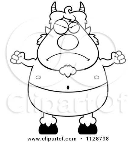 Cartoon Clipart Of An Outlined Angry Pan Faun - Black And White Vector Coloring Page by Cory Thoman