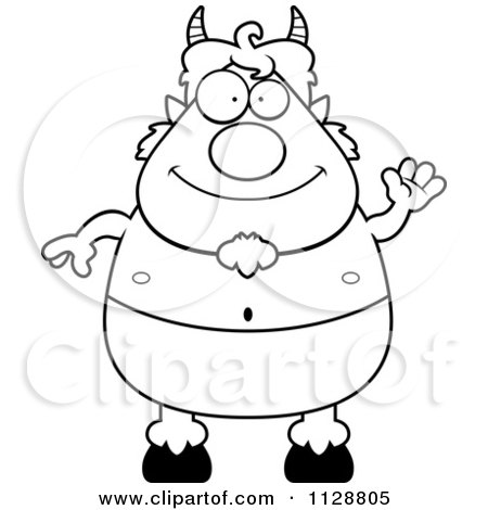 Cartoon Clipart Of An Outlined Friendly Waving Pan Faun - Black And White Vector Coloring Page by Cory Thoman