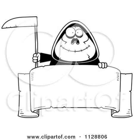 Cartoon Of A Black And White Happy Chubby Grim Reaper With A Sign 1 - Vector Clipart by Cory Thoman