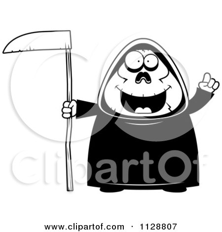 Cartoon Of A Black And White Chubby Grim Reaper With An Idea - Vector Clipart by Cory Thoman